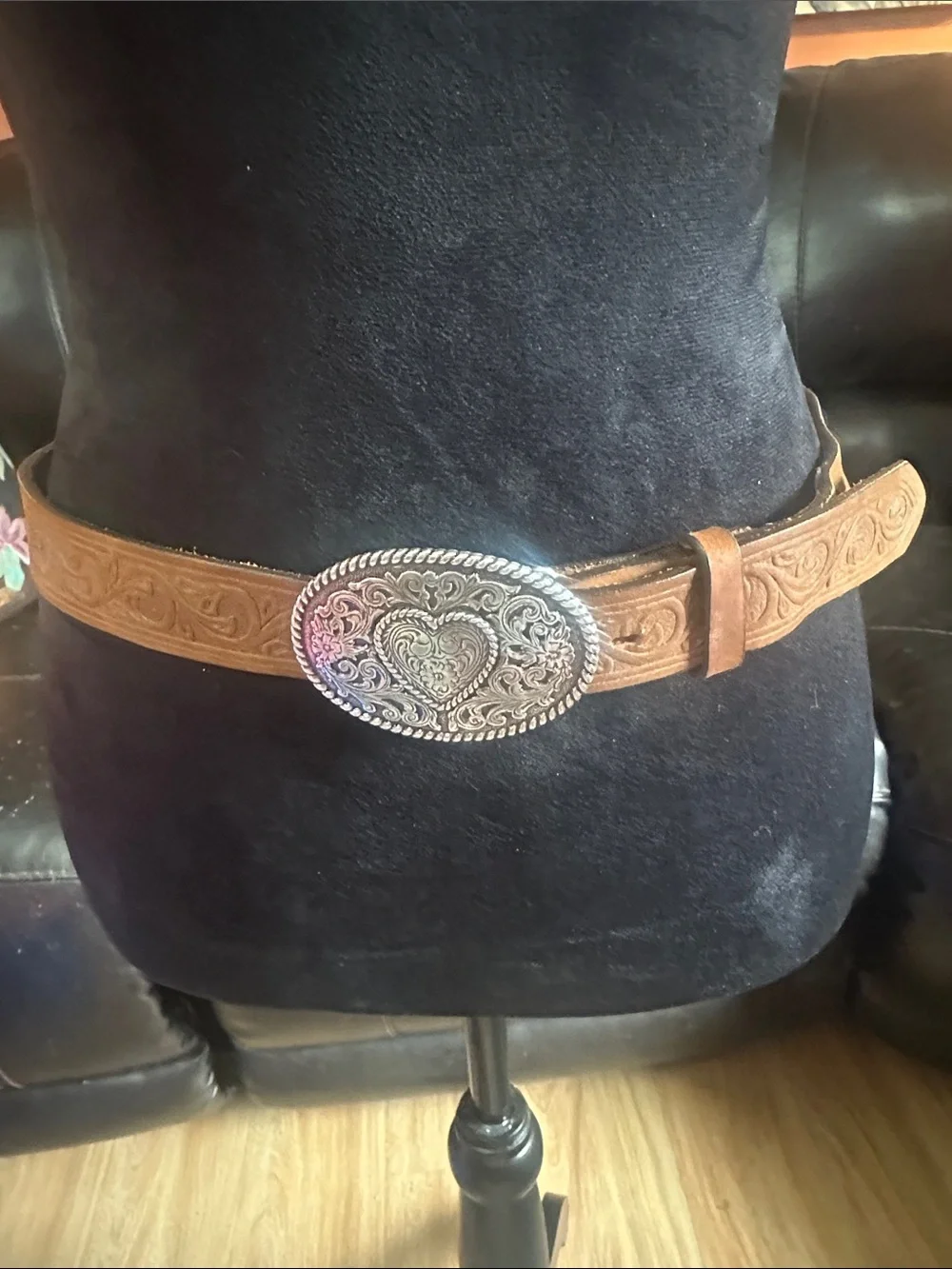 Justin Boots Tooled Tan Leather Belt with Silver Heart Buckle